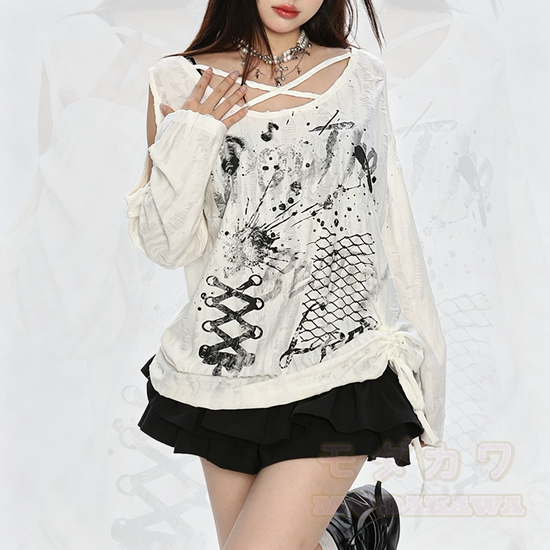 Y2K Langarmshirt mit Graffiti-Print und Cut-outs, schulterfrei - image 1