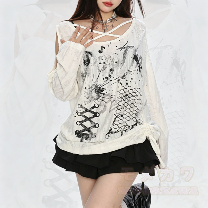 Y2K Langarmshirt mit Graffiti-Print und Cut-outs, schulterfrei - image 1