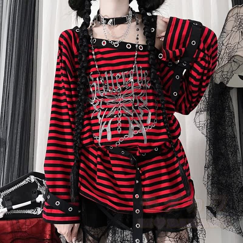 Gothic-Streifen-T-Shirt mit schulterfreiem Ausschnitt, langen Ärmeln und Beinstulpen - Red Top - One Size - image 1
