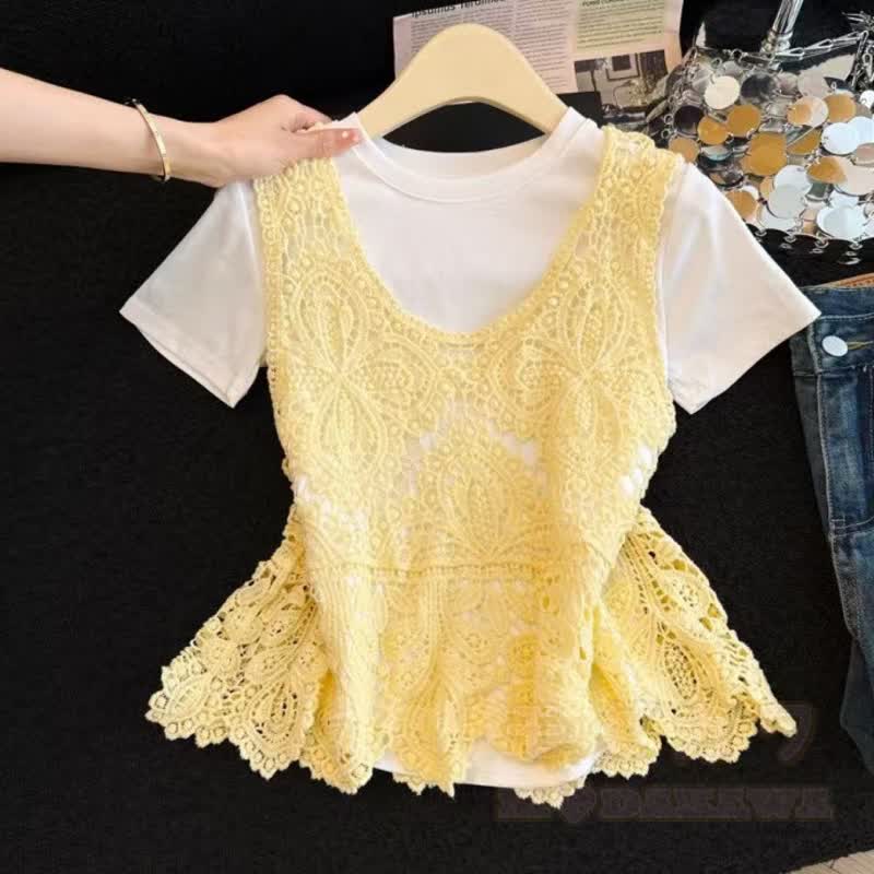 Elegantes, dreiteiliges Set aus Weste mit floraler Lochmusterspitze, einfarbigem T-Shirt und locker sitzender Hose. - T-Shirt + gelbe Weste - L - image 4