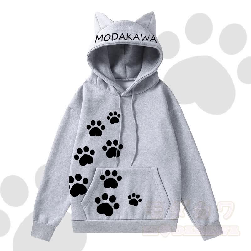 MODAKAWA Kawaii Langarm-Kapuzenpullover mit Katzenohren und Katzenpfotenabdruck - Grau A - 2XL - image 1