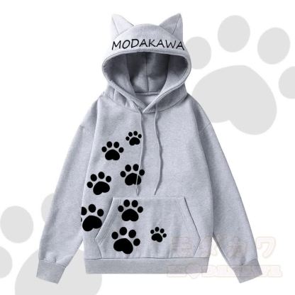 MODAKAWA Kawaii Langarm-Kapuzenpullover mit Katzenohren und Katzenpfotenabdruck - Grau A - 2XL - image 1