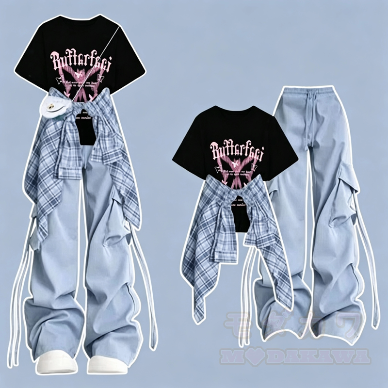 Dreiteiliges Set: Lässiges T-Shirt mit Schmetterlingsmuster, kariertes Hemd, Cargohose mit weitem Bein und passendes Hemd - Schwarzes T-Shirt + blaue Hose + blaues Hemd - 3XL - image 4