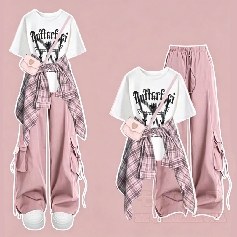 Dreiteiliges Set: Lässiges T-Shirt mit Schmetterlingsmuster, kariertes Hemd, Cargohose mit weitem Bein und passendes Hemd - Weißes T-Shirt + rosa Hose + rosa Hemd - 3XL - image 3