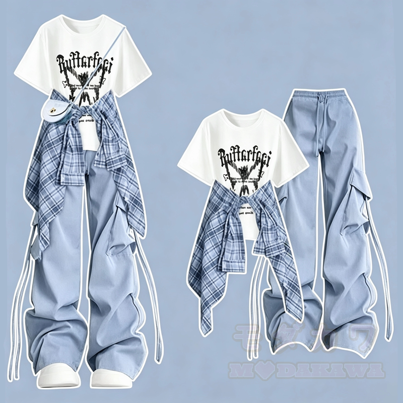 Dreiteiliges Set: Lässiges T-Shirt mit Schmetterlingsmuster, kariertes Hemd, Cargohose mit weitem Bein und passendes Hemd - Weißes T-Shirt + blaue Hose + blaues Hemd - 3XL - image 5