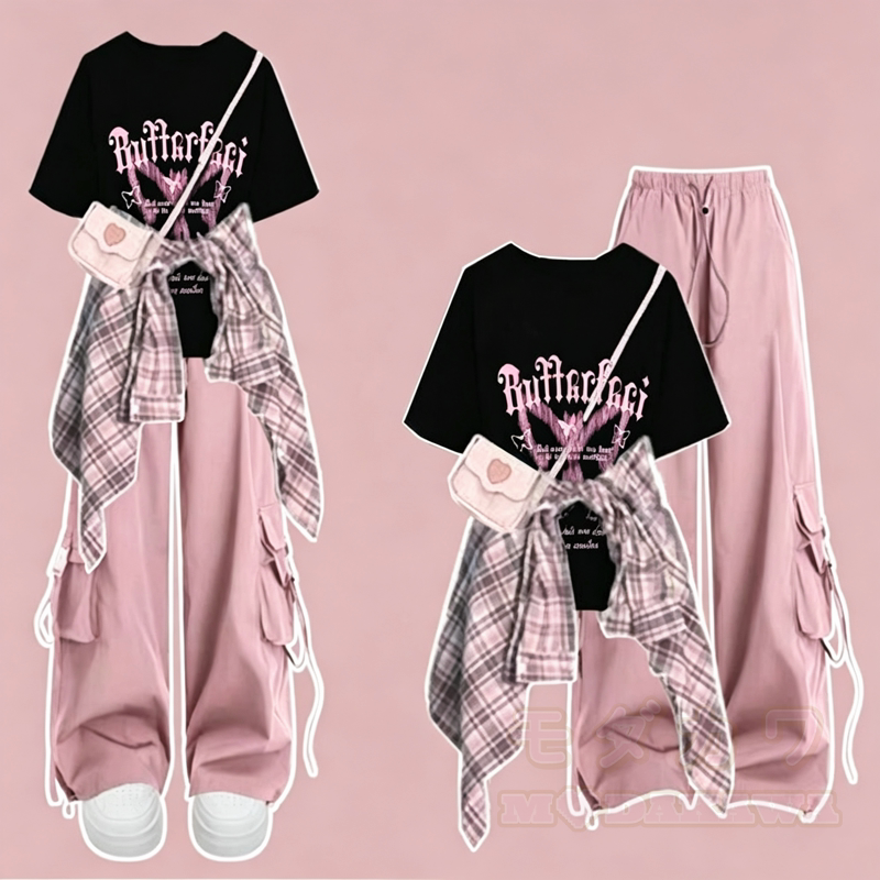 Dreiteiliges Set: Lässiges T-Shirt mit Schmetterlingsmuster, kariertes Hemd, Cargohose mit weitem Bein und passendes Hemd - Schwarzes T-Shirt + rosa Hose + rosa Hemd - 3XL - image 1