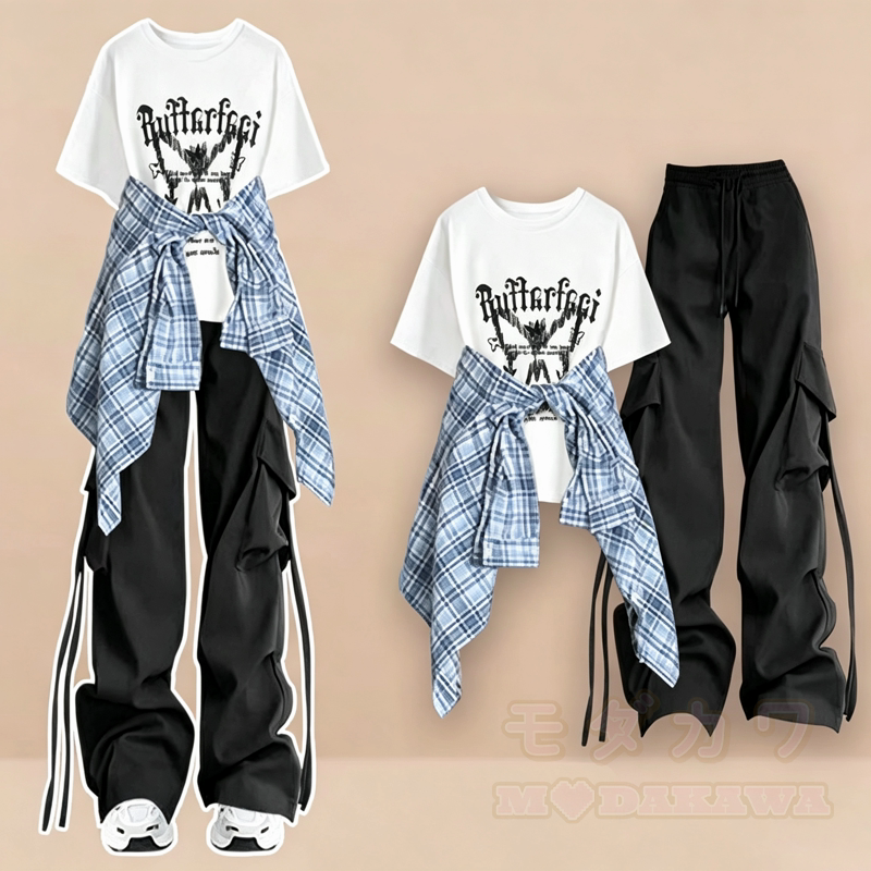 Dreiteiliges Set: Lässiges T-Shirt mit Schmetterlingsmuster, kariertes Hemd, Cargohose mit weitem Bein und passendes Hemd - Weißes T-Shirt + schwarze Hose + blaues Hemd - 3XL - image 9