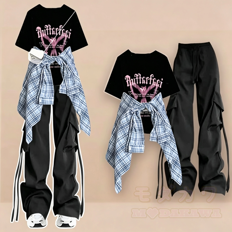 Dreiteiliges Set: Lässiges T-Shirt mit Schmetterlingsmuster, kariertes Hemd, Cargohose mit weitem Bein und passendes Hemd - Schwarzes T-Shirt + schwarze Hose + blaues Hemd - 3XL - image 8