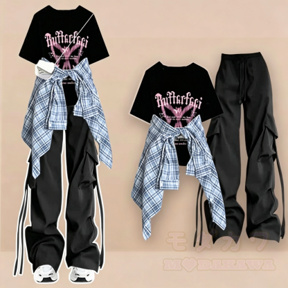 Dreiteiliges Set: Lässiges T-Shirt mit Schmetterlingsmuster, kariertes Hemd, Cargohose mit weitem Bein und passendes Hemd - Schwarzes T-Shirt + schwarze Hose + blaues Hemd - 3XL - image 8