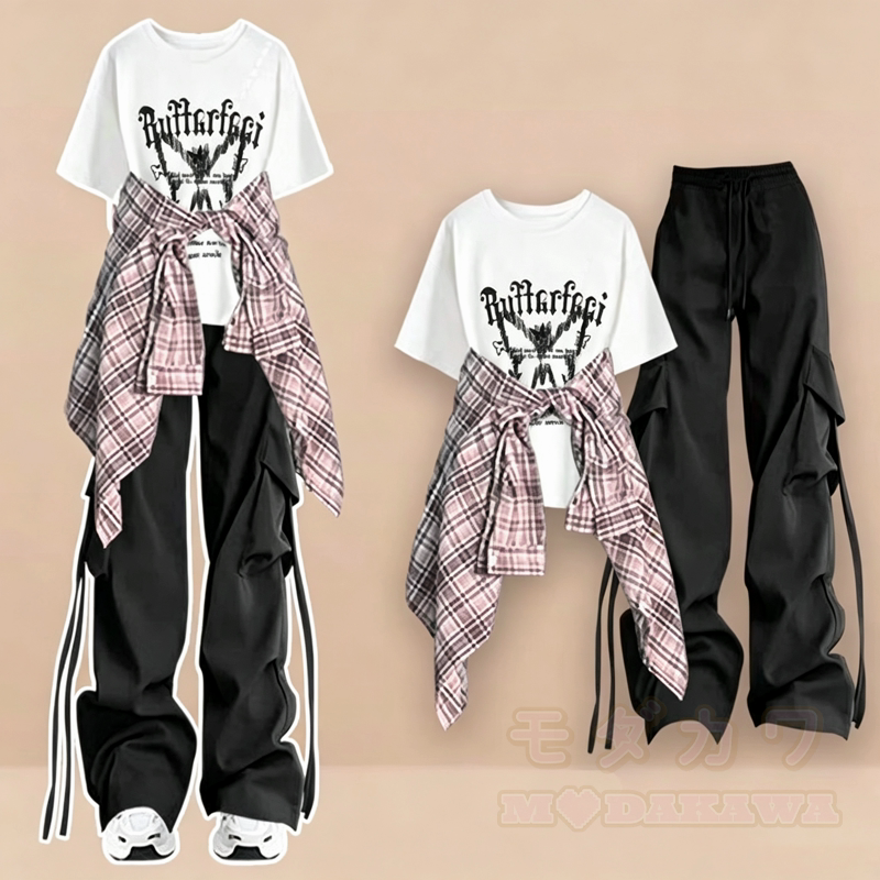 Dreiteiliges Set: Lässiges T-Shirt mit Schmetterlingsmuster, kariertes Hemd, Cargohose mit weitem Bein und passendes Hemd - Weißes T-Shirt + schwarze Hose + rosa Hemd - 3XL - image 7
