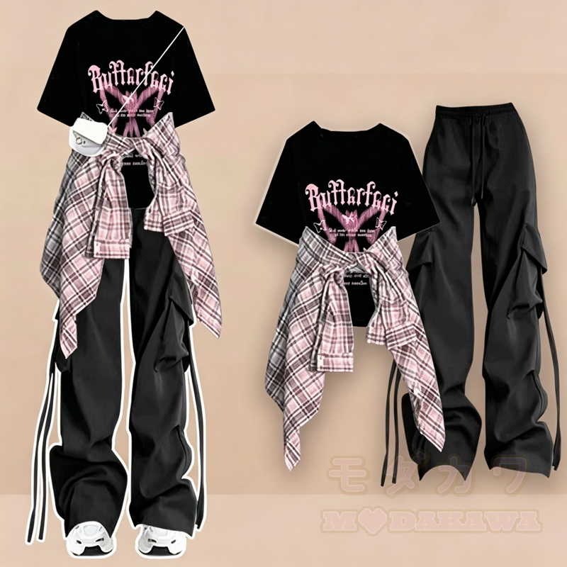 Dreiteiliges Set: Lässiges T-Shirt mit Schmetterlingsmuster, kariertes Hemd, Cargohose mit weitem Bein und passendes Hemd - Schwarzes T-Shirt + schwarze Hose + rosa Hemd - 3XL - image 6