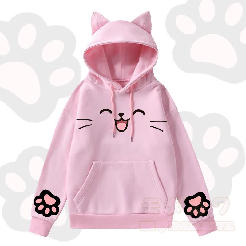 MODAKAWA Kawaii Kapuzenpullover mit Katzenohren, süßem Katzenpfotenabdruck und langen Ärmeln - image 1