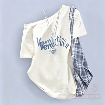Süßes zweiteiliges Set aus schulterfreiem Kurzarm-T-Shirt und Karorock. - Blaues T-Shirt - 3XL - image 3