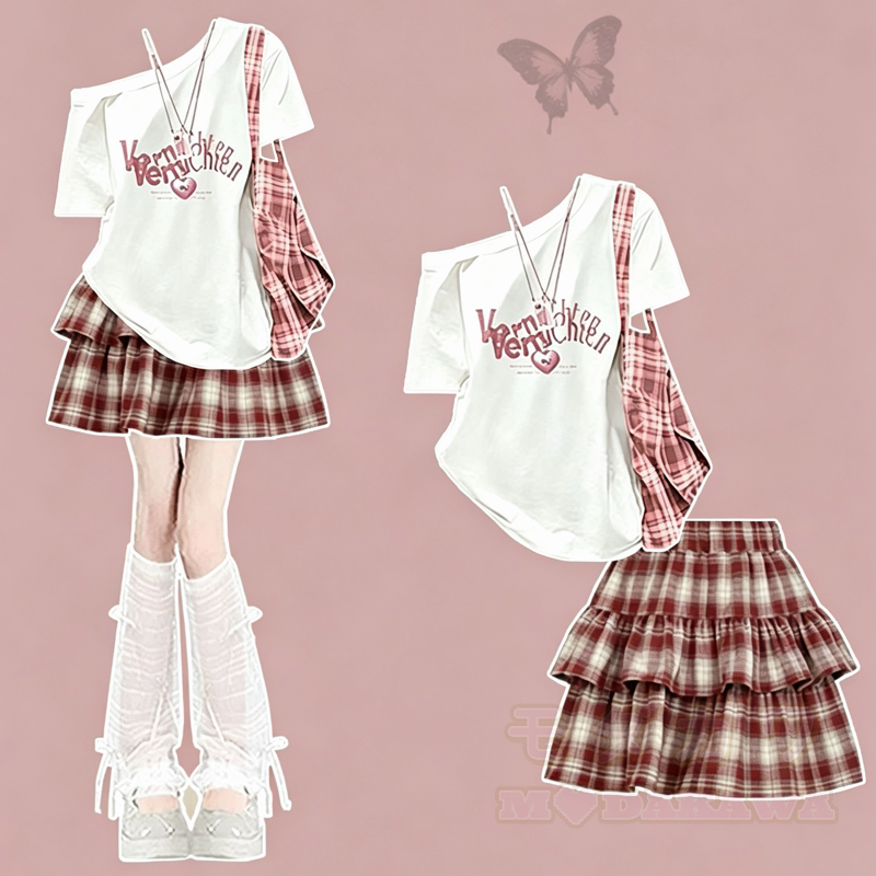 Süßes zweiteiliges Set aus schulterfreiem Kurzarm-T-Shirt und Karorock. - Rotes Set - 3XL - image 2