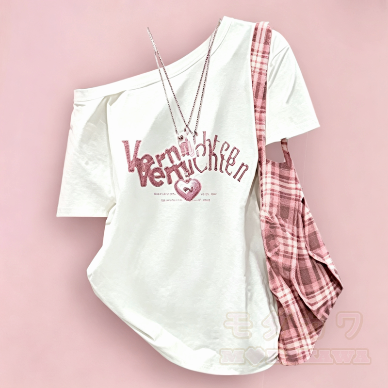 Süßes zweiteiliges Set aus schulterfreiem Kurzarm-T-Shirt und Karorock. - Rosa T-Shirt - 3XL - image 4