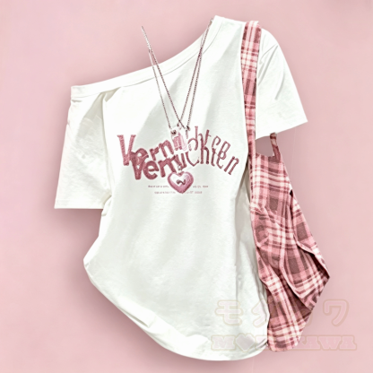 Süßes zweiteiliges Set aus schulterfreiem Kurzarm-T-Shirt und Karorock. - Rosa T-Shirt - 3XL - image 4