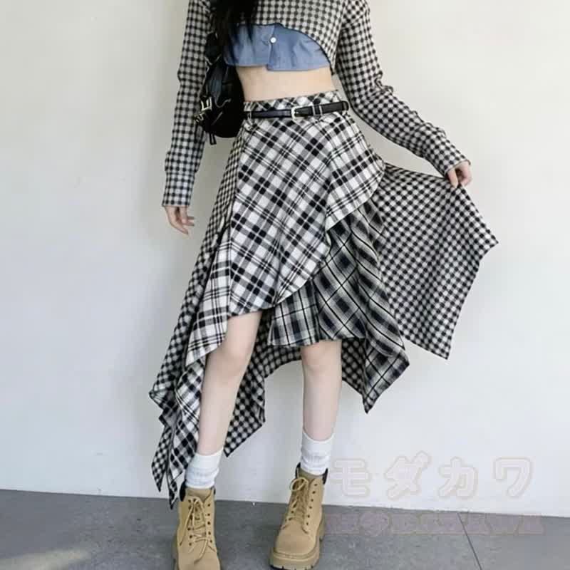 Zweiteiliges Set im Preppy-Stil: Kurzarmhemd und karierter asymmetrischer Rock - Rock - L - image 3