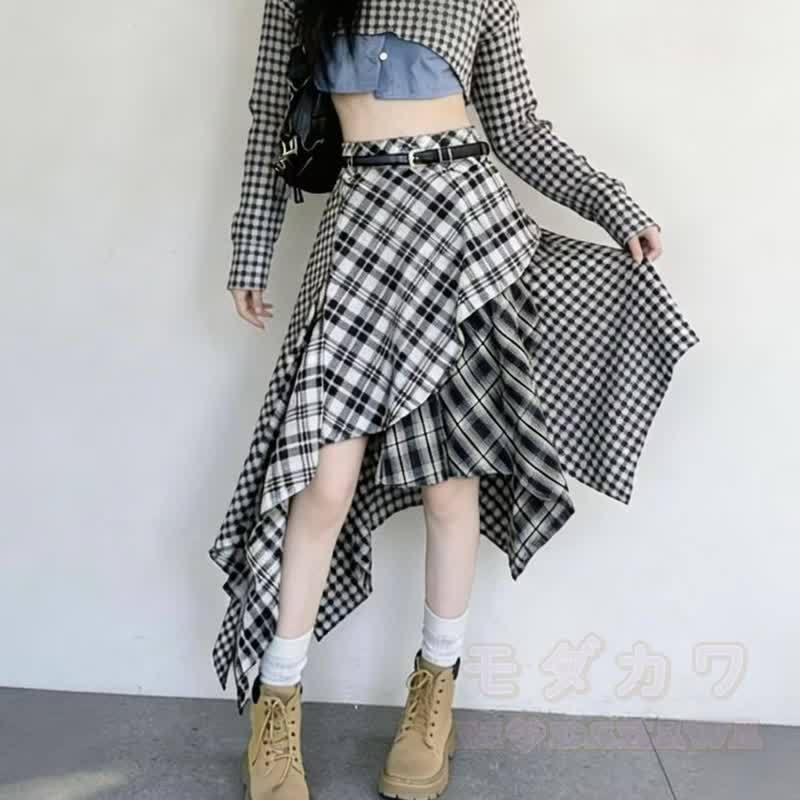 Zweiteiliges Set im Preppy-Stil: Kurzarmhemd und karierter asymmetrischer Rock - Rock - L - image 3