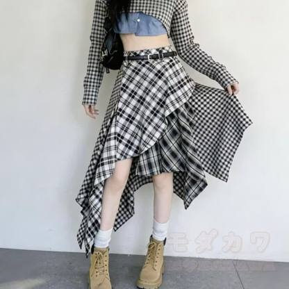 Zweiteiliges Set im Preppy-Stil: Kurzarmhemd und karierter asymmetrischer Rock - Rock - L - image 3
