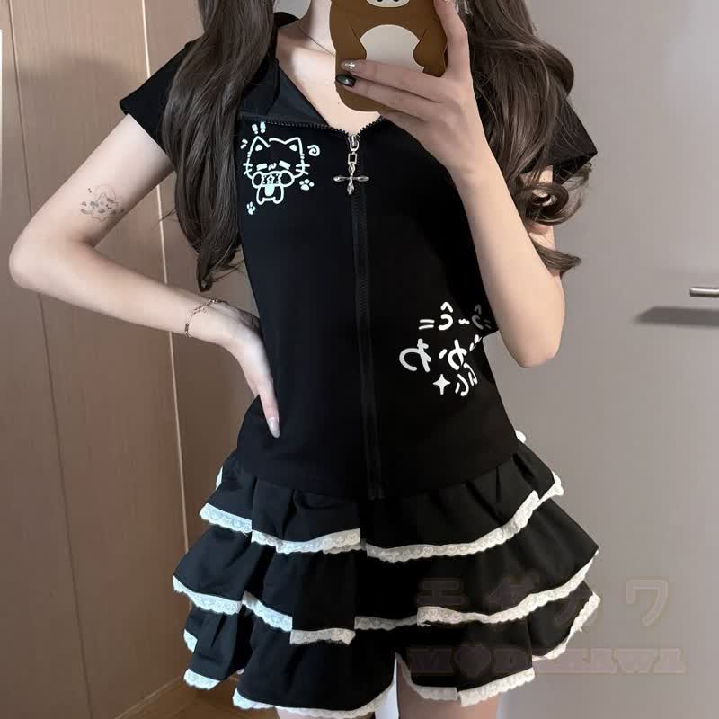 Harajuku Fashion: Zweiteiliges Set aus süßem Kapuzentop mit Katzenprint und Rüschenrock - image 3