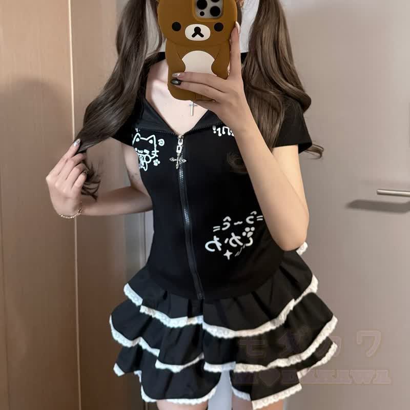 Harajuku Fashion: Zweiteiliges Set aus süßem Kapuzentop mit Katzenprint und Rüschenrock - image 2