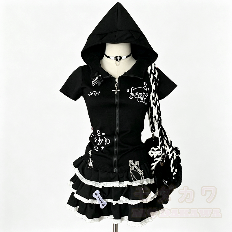 Harajuku Fashion: Zweiteiliges Set aus süßem Kapuzentop mit Katzenprint und Rüschenrock - Schwarzes Set - XL - image 4