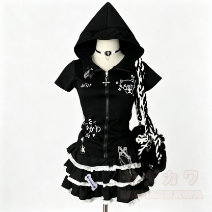 Harajuku Fashion: Zweiteiliges Set aus süßem Kapuzentop mit Katzenprint und Rüschenrock - Schwarzes Set - XL - image 4