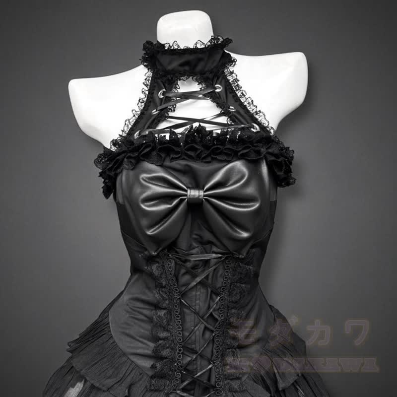 Gothic-Kleid mit kurzem Puffärmel-Top, Schleife, Neckholder und Schnürung, zweiteiliges Set - image 3