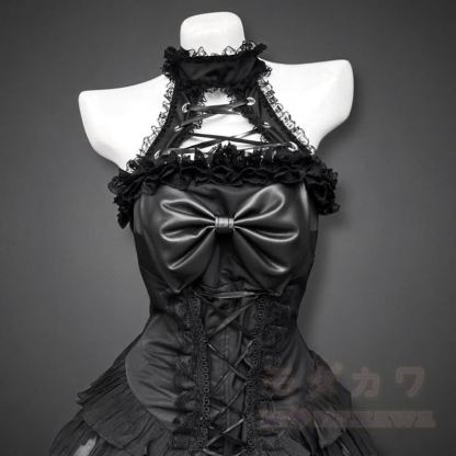 Gothic-Kleid mit kurzem Puffärmel-Top, Schleife, Neckholder und Schnürung, zweiteiliges Set - image 3