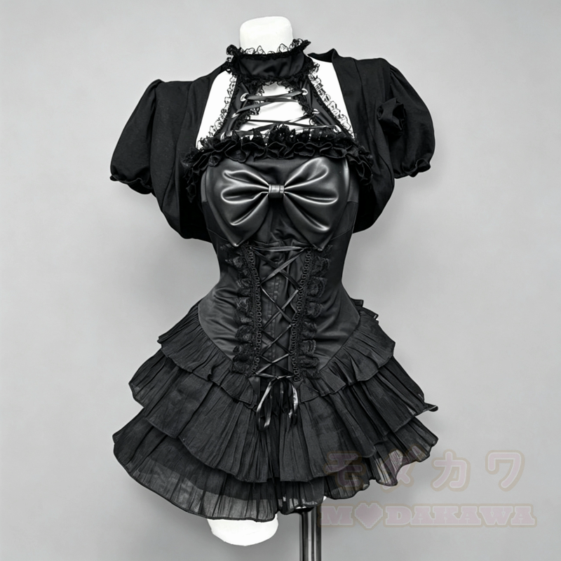 Gothic-Kleid mit kurzem Puffärmel-Top, Schleife, Neckholder und Schnürung, zweiteiliges Set - image 4