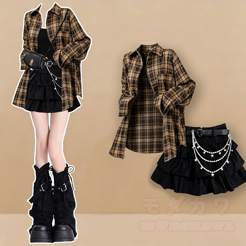 Zweiteiliges Set aus kariertem Vintage-Langarmhemd und gestuftem Rüschenrock im Vintage-Stil - Schwarzes Set - 3XL - image 3