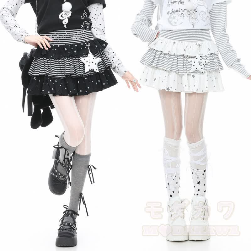 MODAKAWA Zweiteiliges Set: Hoodie mit Katzenpfotenabdruck, gestreifter Sternenrock und Lagenrock - image 11