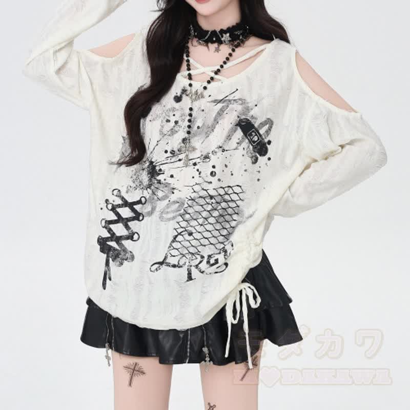 Y2K Langarmshirt mit Graffiti-Print und Cut-outs, schulterfrei - Weiß - XL - image 3