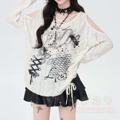 Y2K Langarmshirt mit Graffiti-Print und Cut-outs, schulterfrei - Weiß - XL - image 3