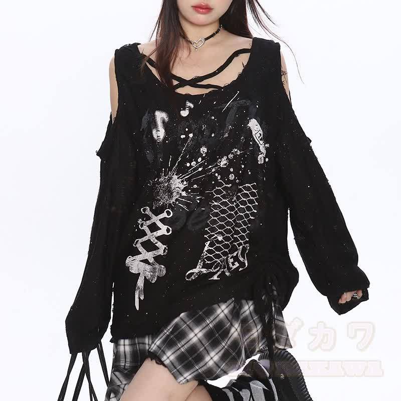Y2K Langarmshirt mit Graffiti-Print und Cut-outs, schulterfrei - Schwarz - XL - image 2