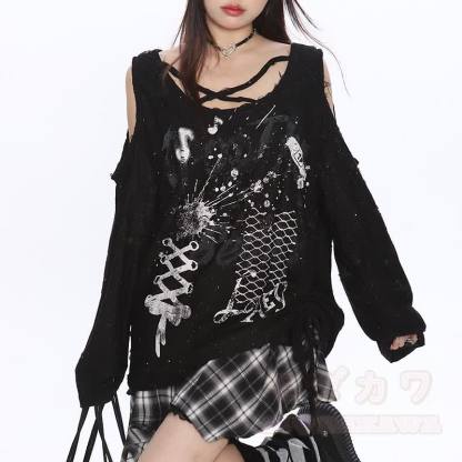 Y2K Langarmshirt mit Graffiti-Print und Cut-outs, schulterfrei - Schwarz - XL - image 2