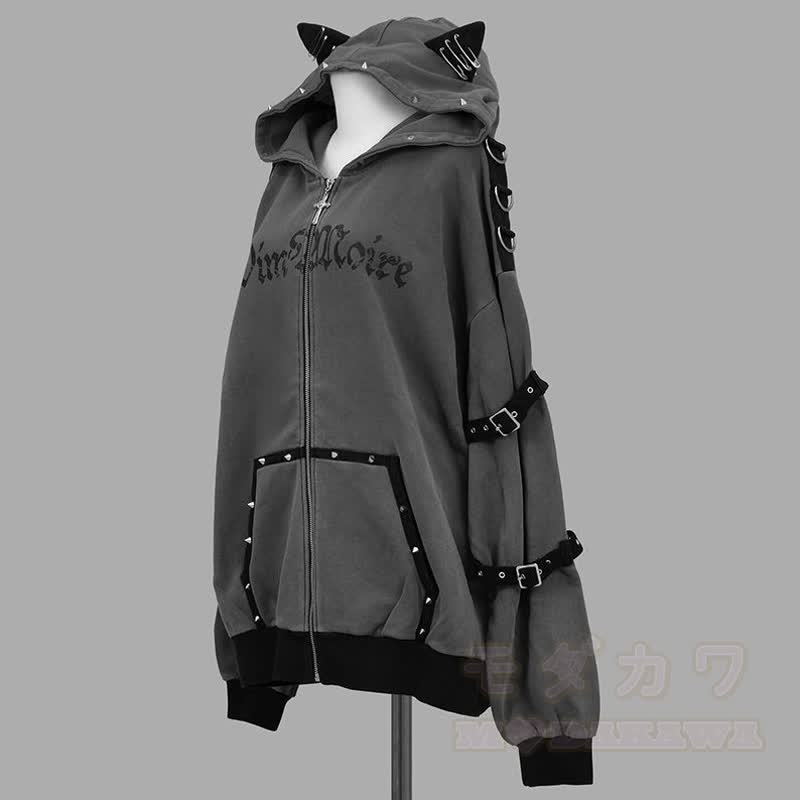 Gothic Y2K Katzenohren-Oversize-Kapuzenmantel mit Reißverschluss - image 3