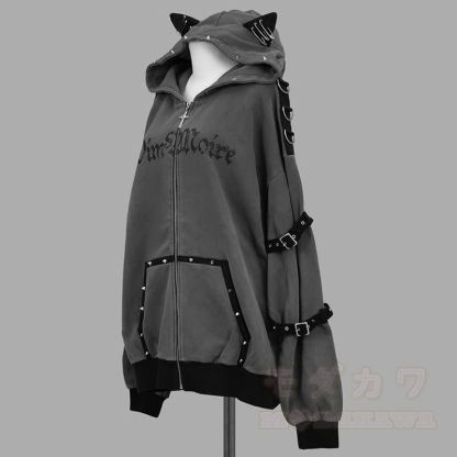 Gothic Y2K Katzenohren-Oversize-Kapuzenmantel mit Reißverschluss - image 3