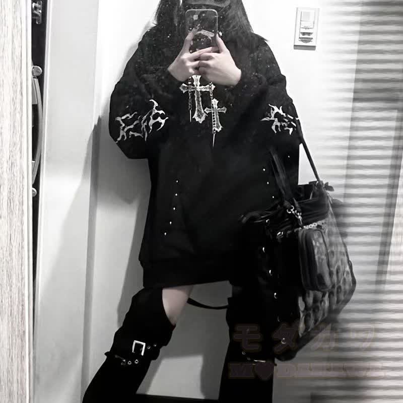  Y2K Gothic Cross Print Oversized Langarm-Hoodie-Sweatshirt - Schwarz - L - image 3