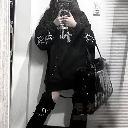  Y2K Gothic Cross Print Oversized Langarm-Hoodie-Sweatshirt - Schwarz - L - image 3