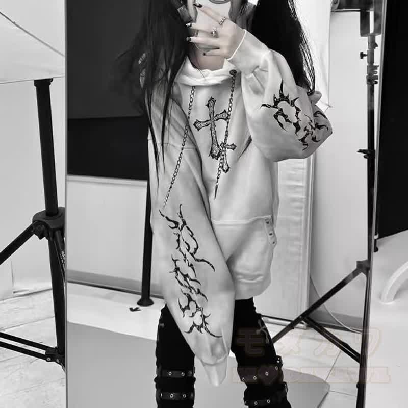  Y2K Gothic Cross Print Oversized Langarm-Hoodie-Sweatshirt - Weiß - L - image 2
