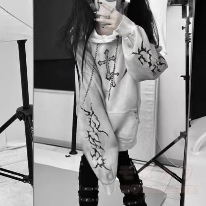 Y2K Gothic Cross Print Oversized Langarm-Hoodie-Sweatshirt - Weiß - L - image 2