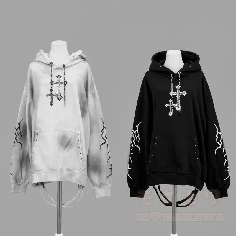  Y2K Gothic Cross Print Oversized Langarm-Hoodie-Sweatshirt - image 4