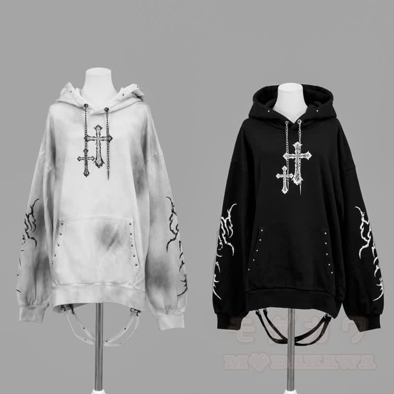  Y2K Gothic Cross Print Oversized Langarm-Hoodie-Sweatshirt - image 4