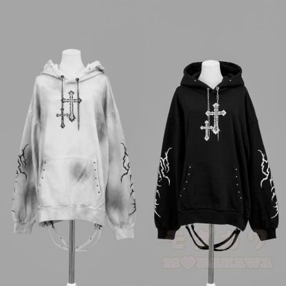  Y2K Gothic Cross Print Oversized Langarm-Hoodie-Sweatshirt - image 4