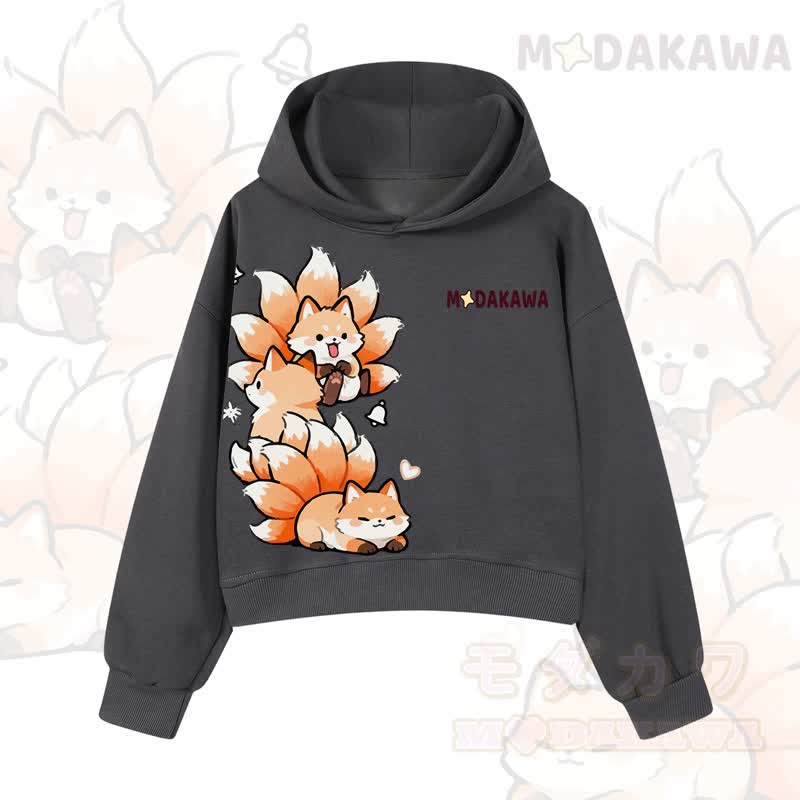 MODAKAWA Cropped Cotton Hoodie mit niedlichem Fuchs-Motiv - Dunkelgrau - 3XL - image 5