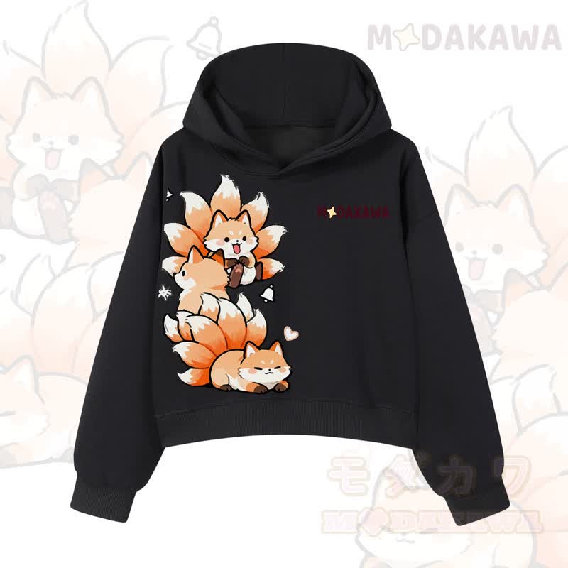 MODAKAWA Cropped Cotton Hoodie mit niedlichem Fuchs-Motiv - Schwarz - 3XL - image 3