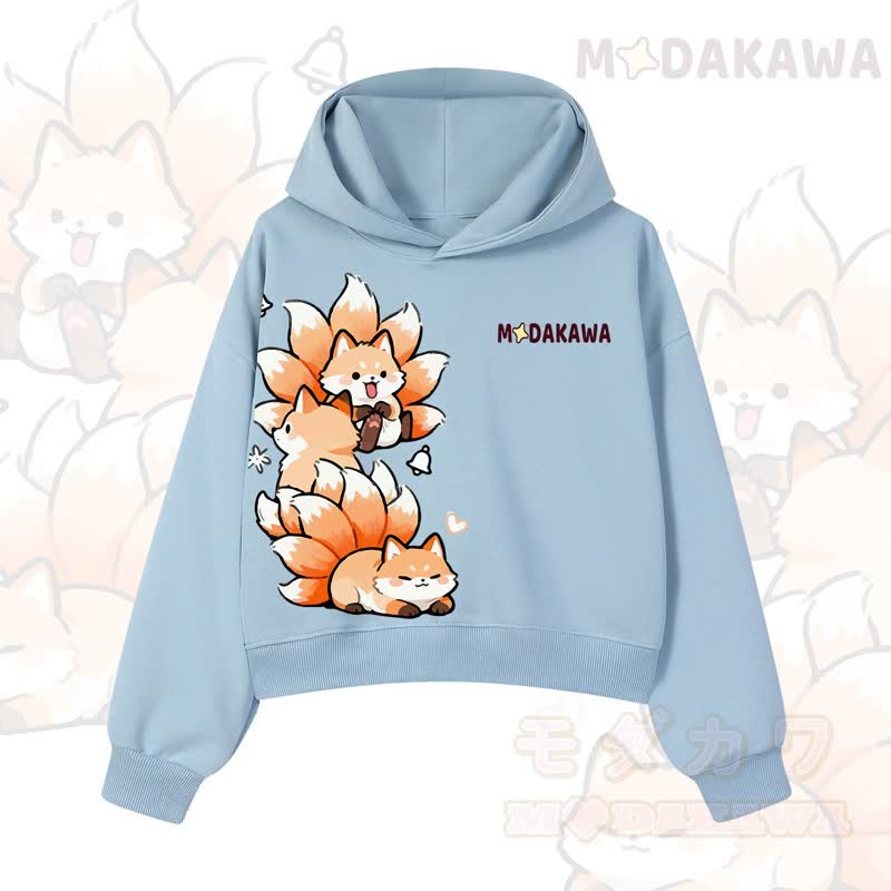 MODAKAWA Cropped Cotton Hoodie mit niedlichem Fuchs-Motiv - Blau - 3XL - image 4