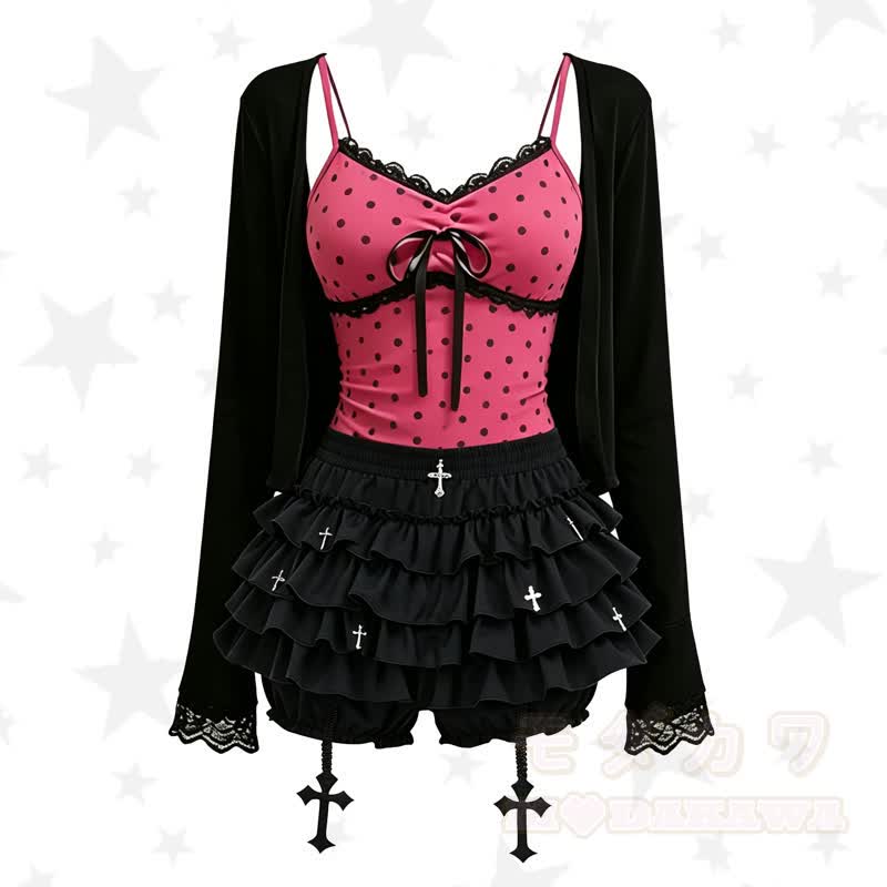 Dreiteiliges Set aus Gothic-Polka-Dot-Top, Spitzen-Cardigan und Rock mit Kreuzmuster - Satz - 2XL - image 1