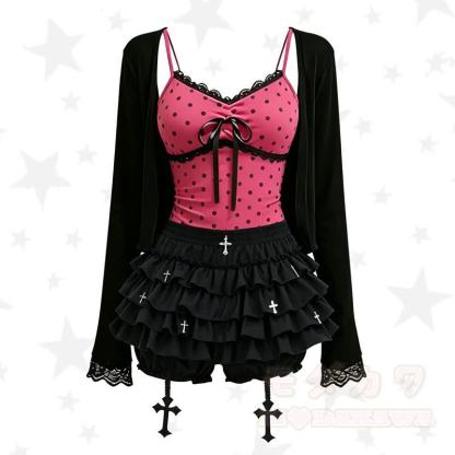 Dreiteiliges Set aus Gothic-Polka-Dot-Top, Spitzen-Cardigan und Rock mit Kreuzmuster - Satz - 2XL - image 1